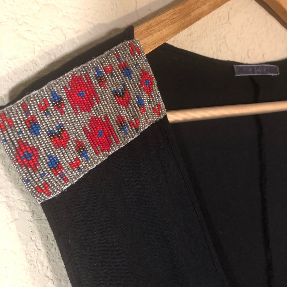 Anthropologie Black Dress with Red and Blue Beaded Detail